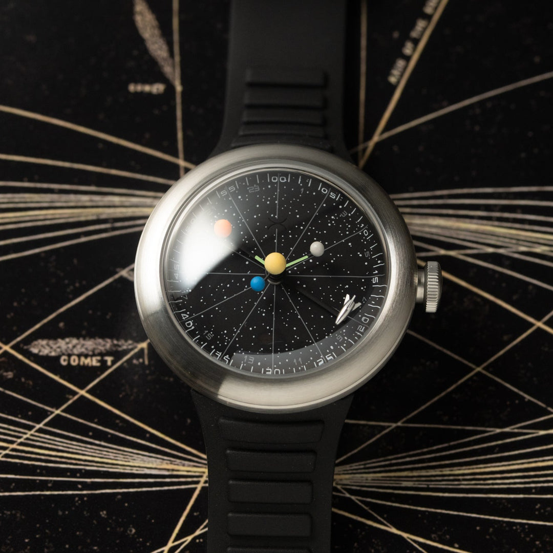 Planetarium Space Xpedition Xeric watches men with domed crystal enclosure, black dial and orbiting spheres