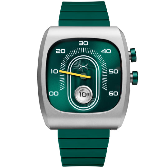 Green watch with a unique face design on a white background