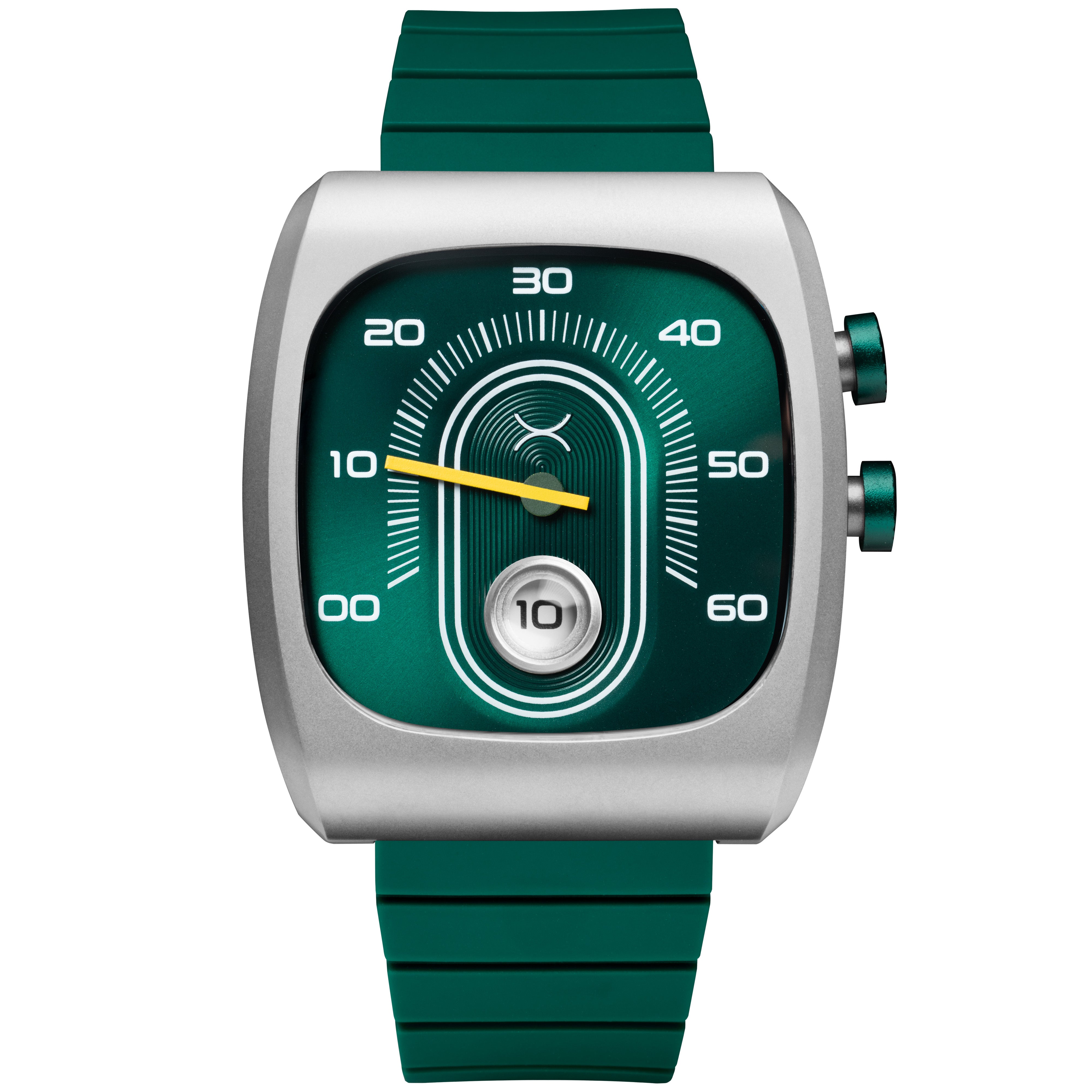 Green watch with a unique face design on a white background