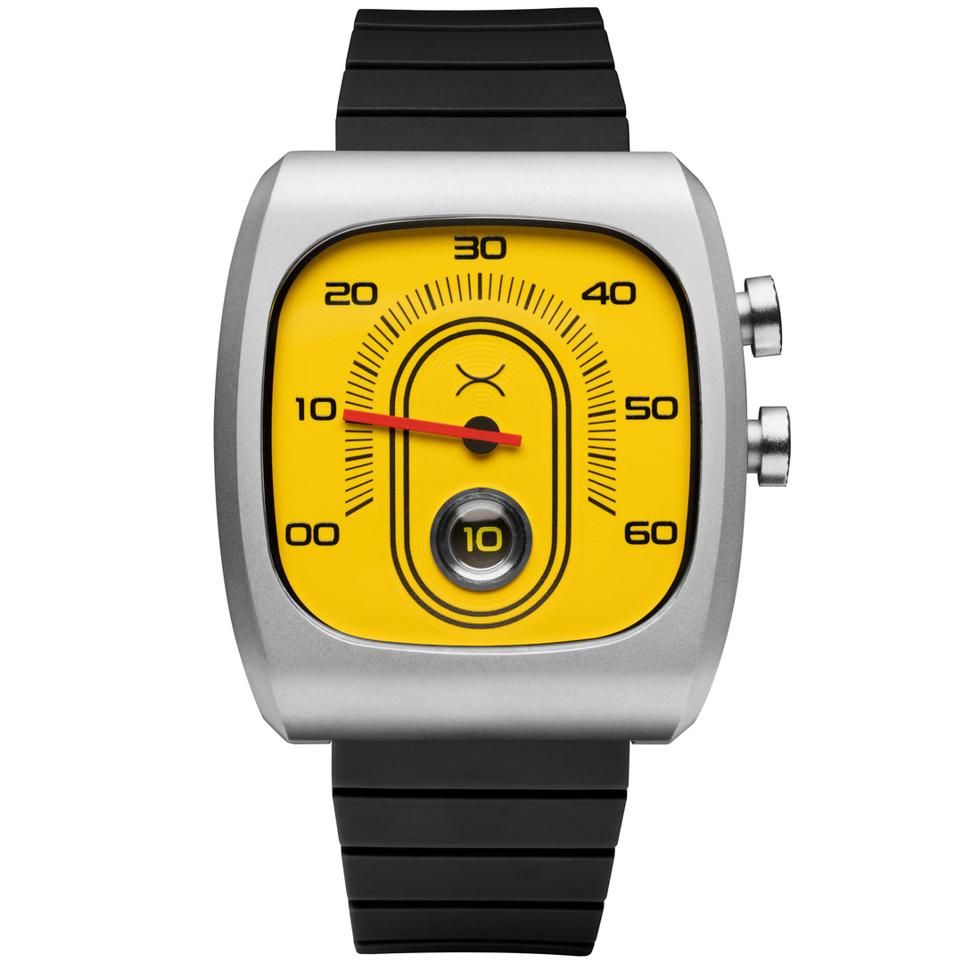 Watch with a yellow face and black strap on a white background
