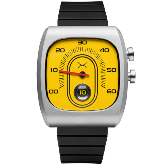 Watch with a yellow face and black strap on a white background