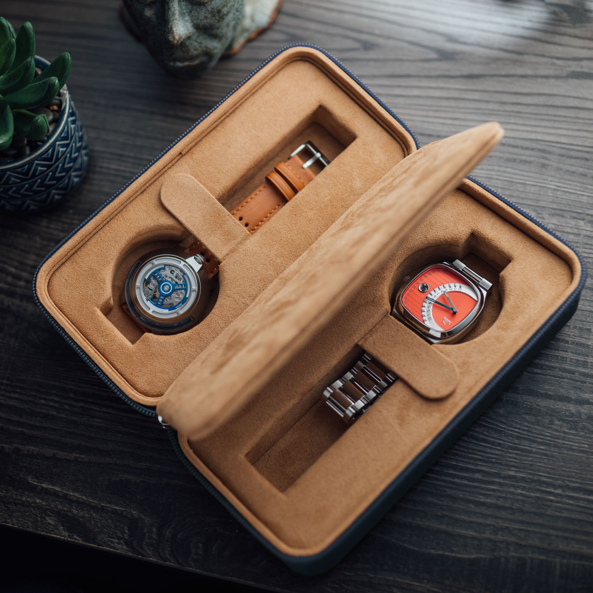 Xeric Two-watch Prussian Blue Saffiano Carrying Case | Xeric Watches