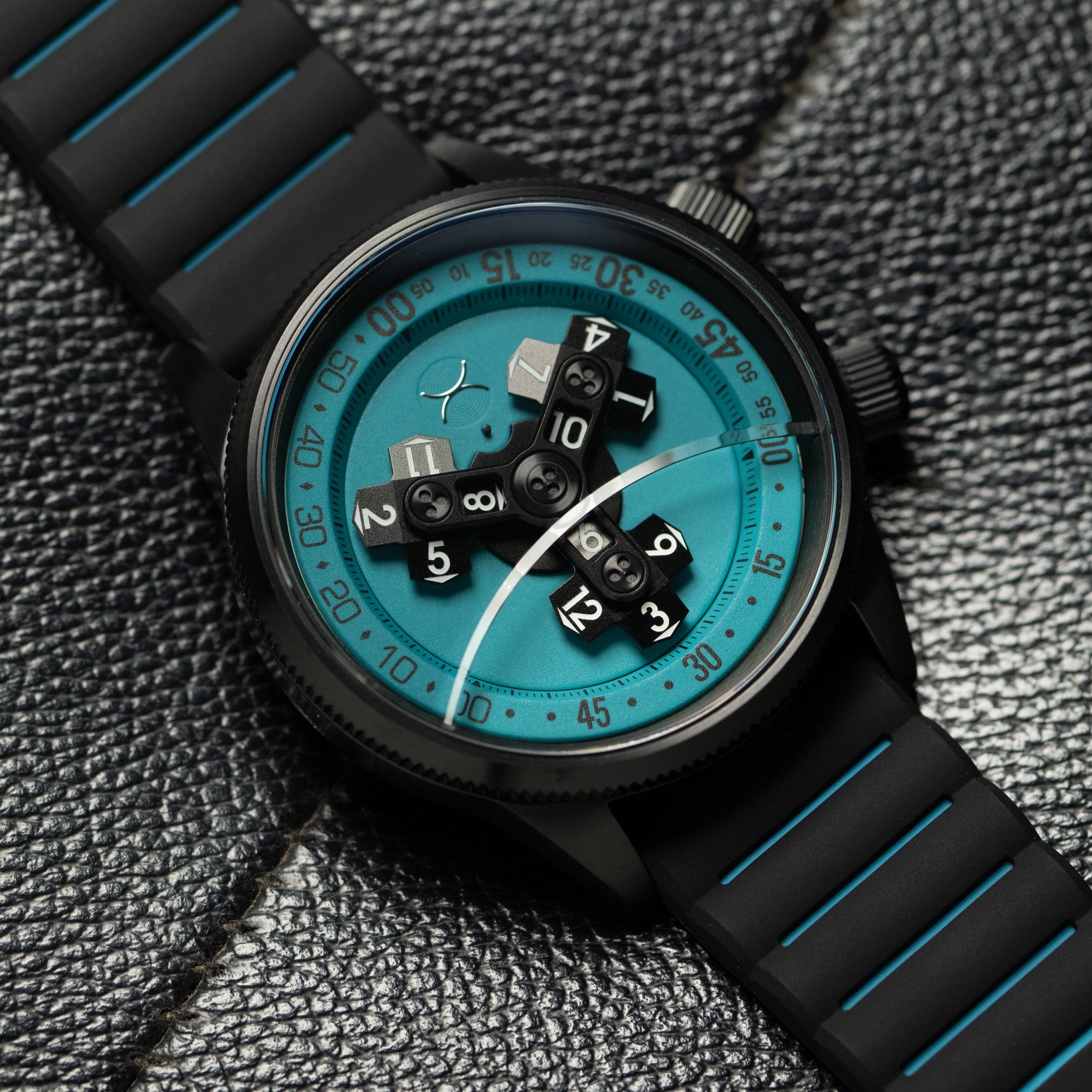 Vendetta II Automatic Wandering Hour Black Cyan Lume | Xeric.com