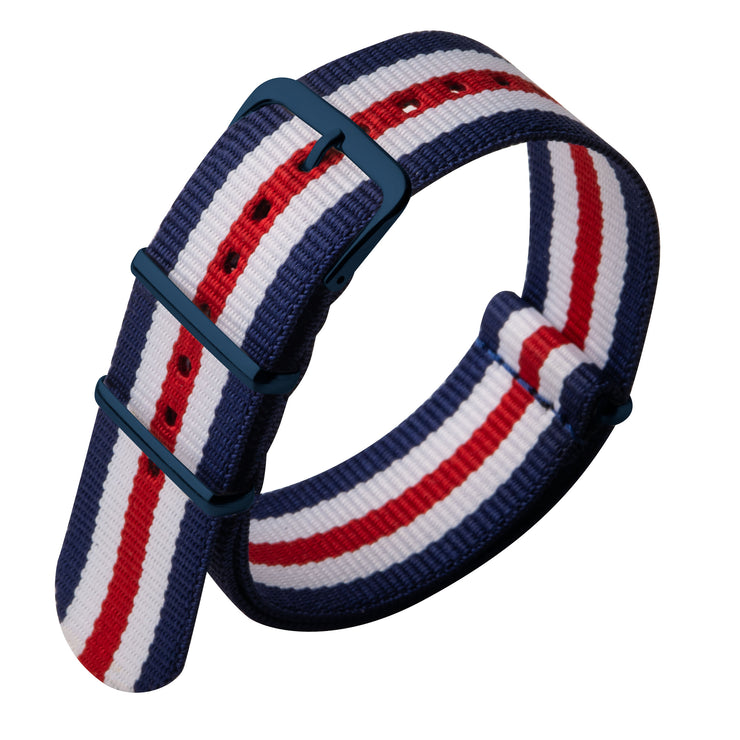 Xeric 22mm Military Strap Red White Blue with Blue Hardware