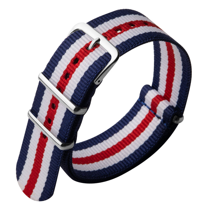 Xeric 22mm Military Strap Red White Blue with Silver Hardware