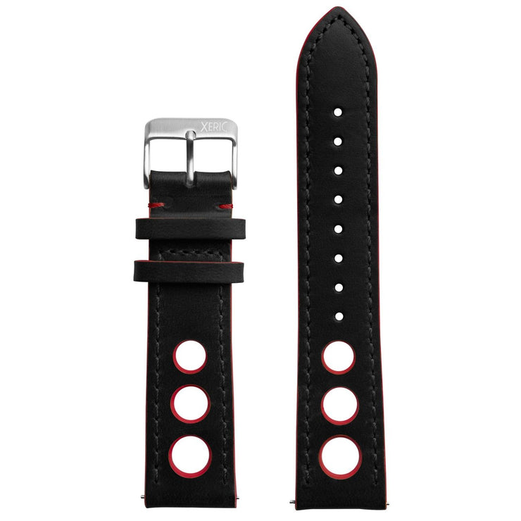 Xeric 24mm Horween Leather Rally Black Red Strap Silver Buckle