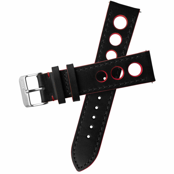 Xeric 22mm Horween Leather Rally Black Red Strap Silver Buckle