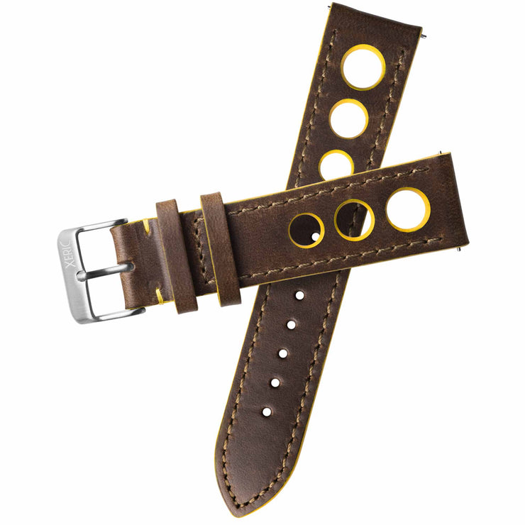 Xeric 22mm Horween Leather Rally Brown Yellow Strap Silver Buckle