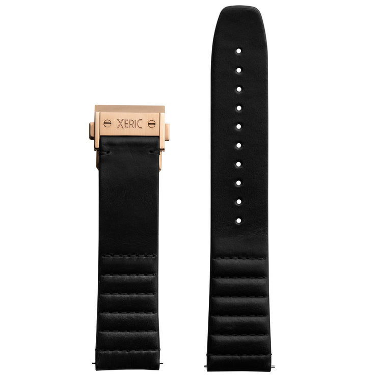 Xeric 22mm Ribbed Horween Leather Black Strap with Rose Gold Deployant Clasp
