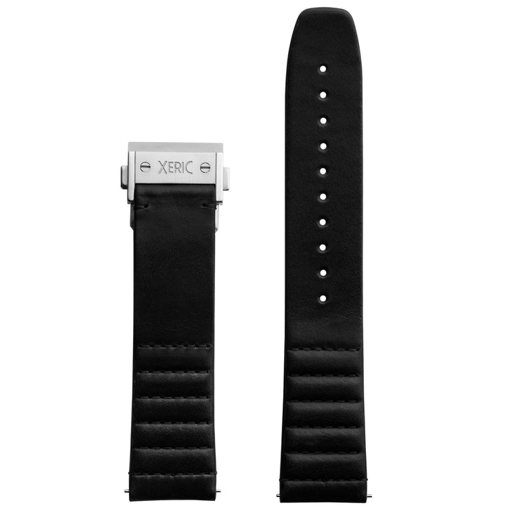 Xeric 22mm Ribbed Horween Leather Black Strap with Silver Deployant Clasp