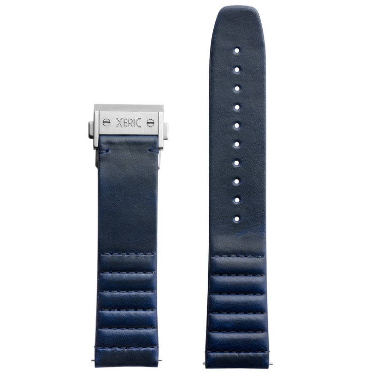 Xeric 22mm Ribbed Horween Leather Blue Strap with Silver Deployant Clasp