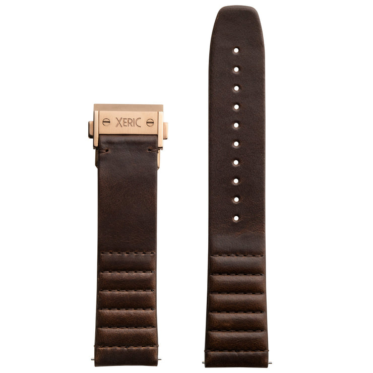 Xeric 22mm Ribbed Horween Leather Brown Strap with Rose Gold Deployant Clasp
