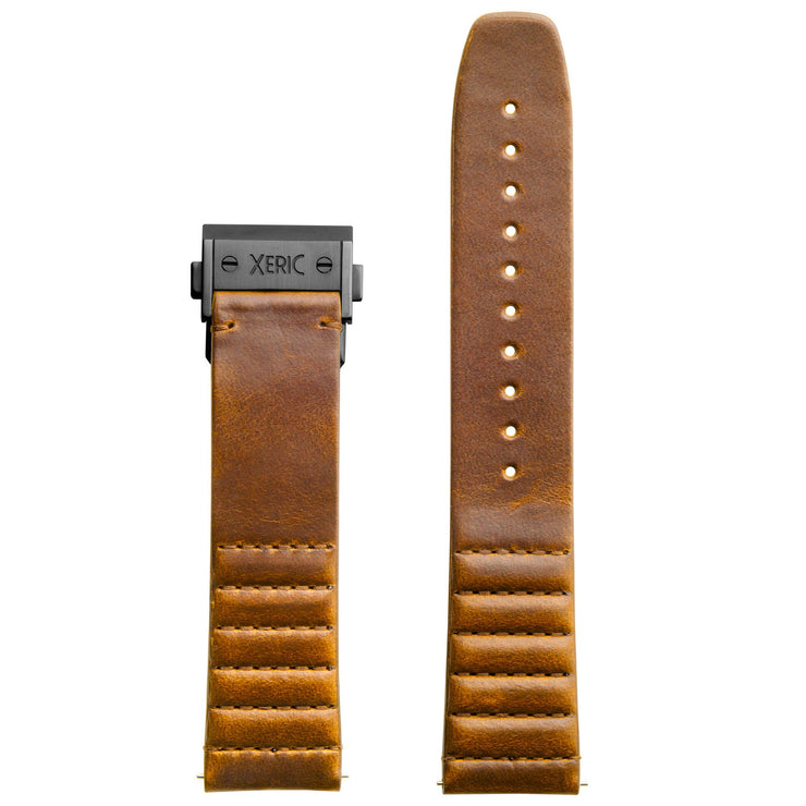 Xeric 22mm Ribbed Horween Leather Tan Strap with Gunmetal Deployant Clasp