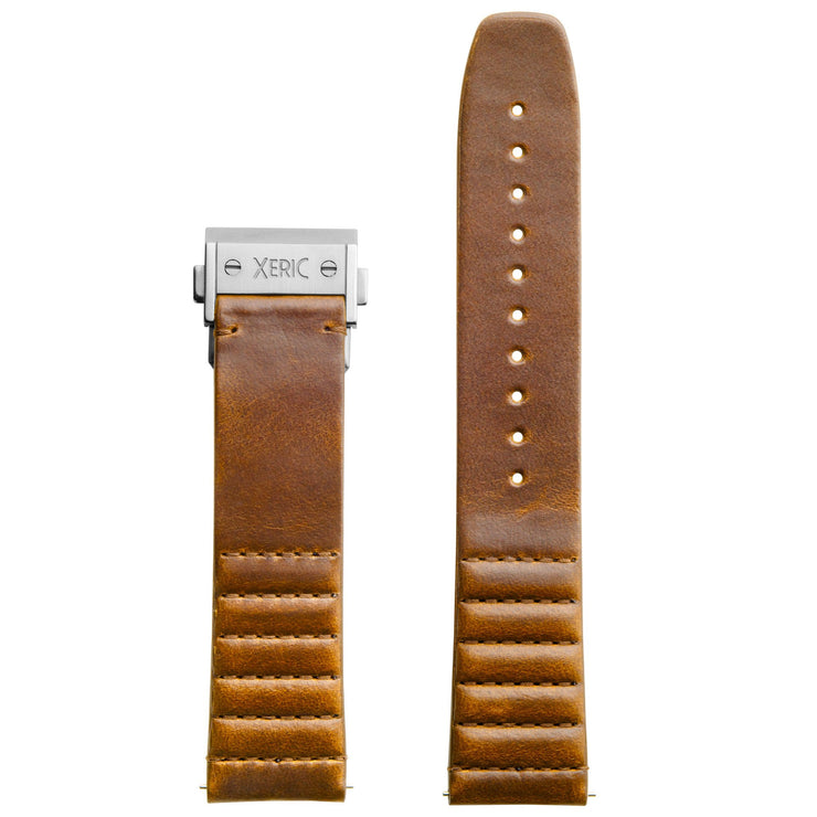Xeric 22mm Ribbed Horween Leather Tan Strap with Silver Deployant Clasp