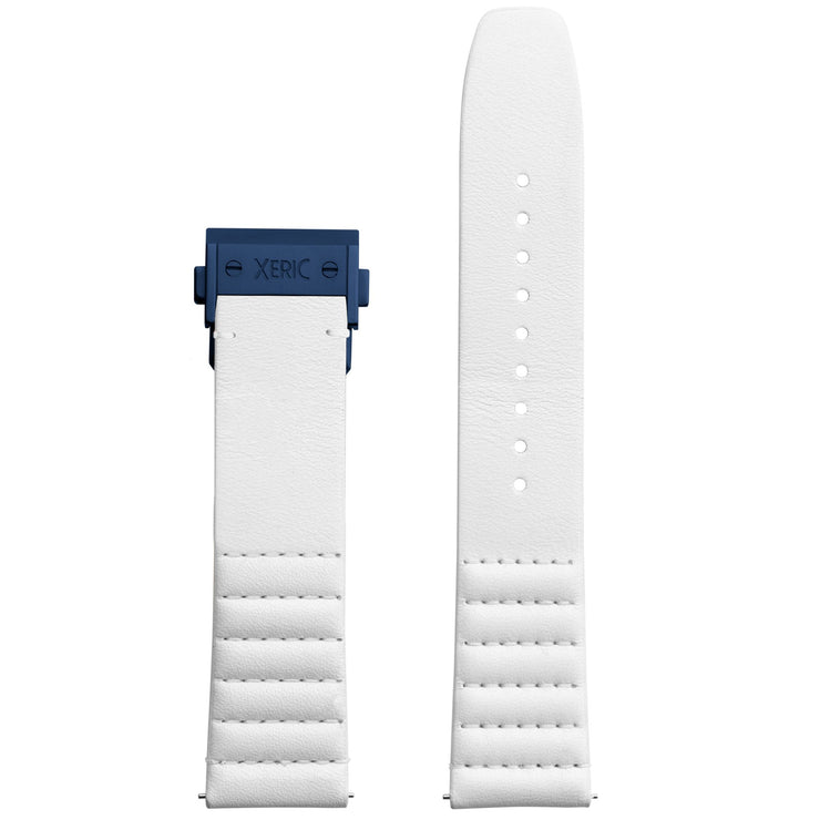 Xeric 22mm Ribbed Italian Leather White Strap with Blue Deployant Clasp